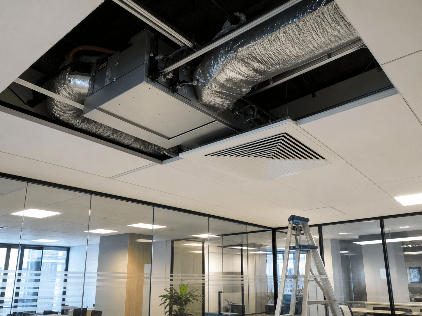 Concealed office hide away HVAC unit service scene